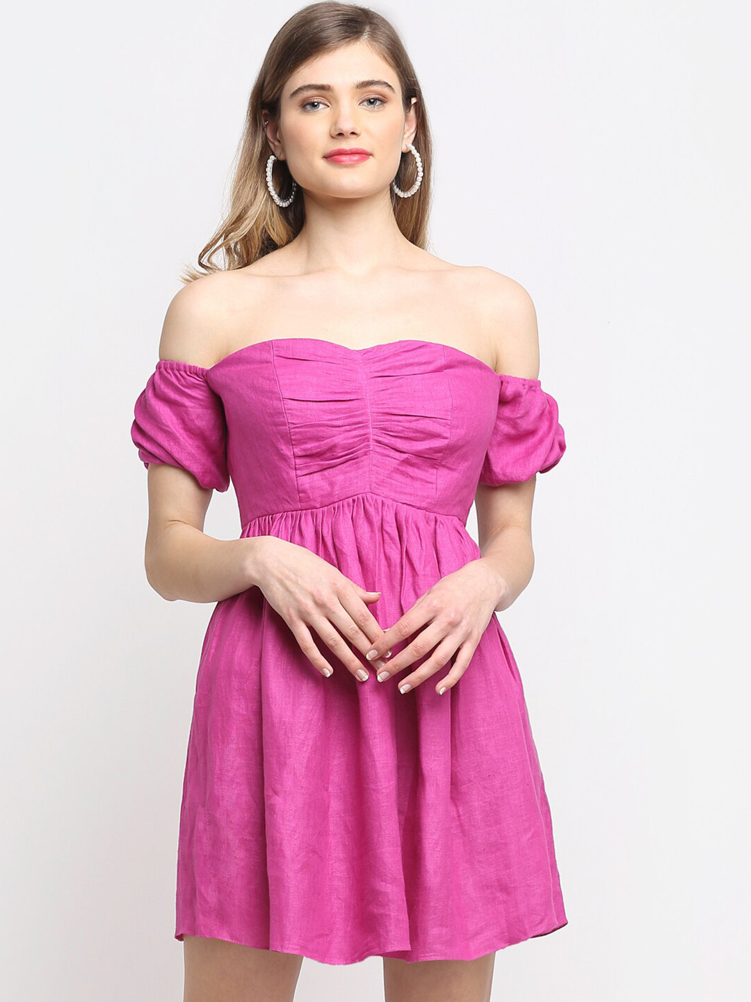 

ewoke Fuchsia Off-Shoulder Linen Mini Dress