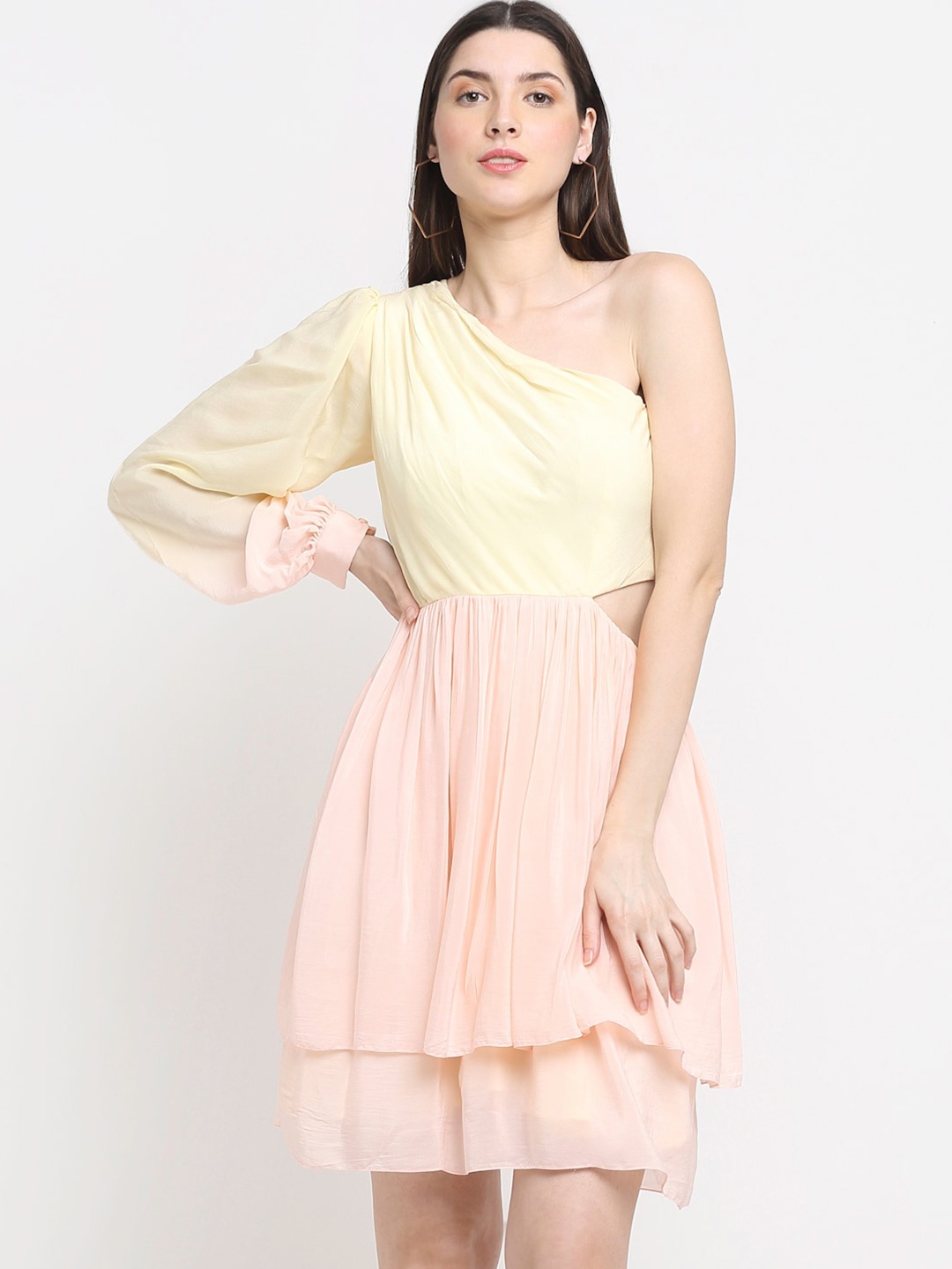 

ewoke Pink & Yellow One Shoulder Crepe Dress