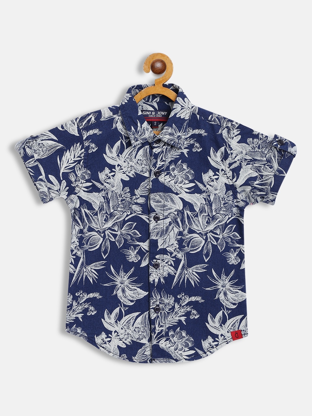 

Gini and Jony Boys Navy Blue & White Tropical Printed Cotton Casual Shirt