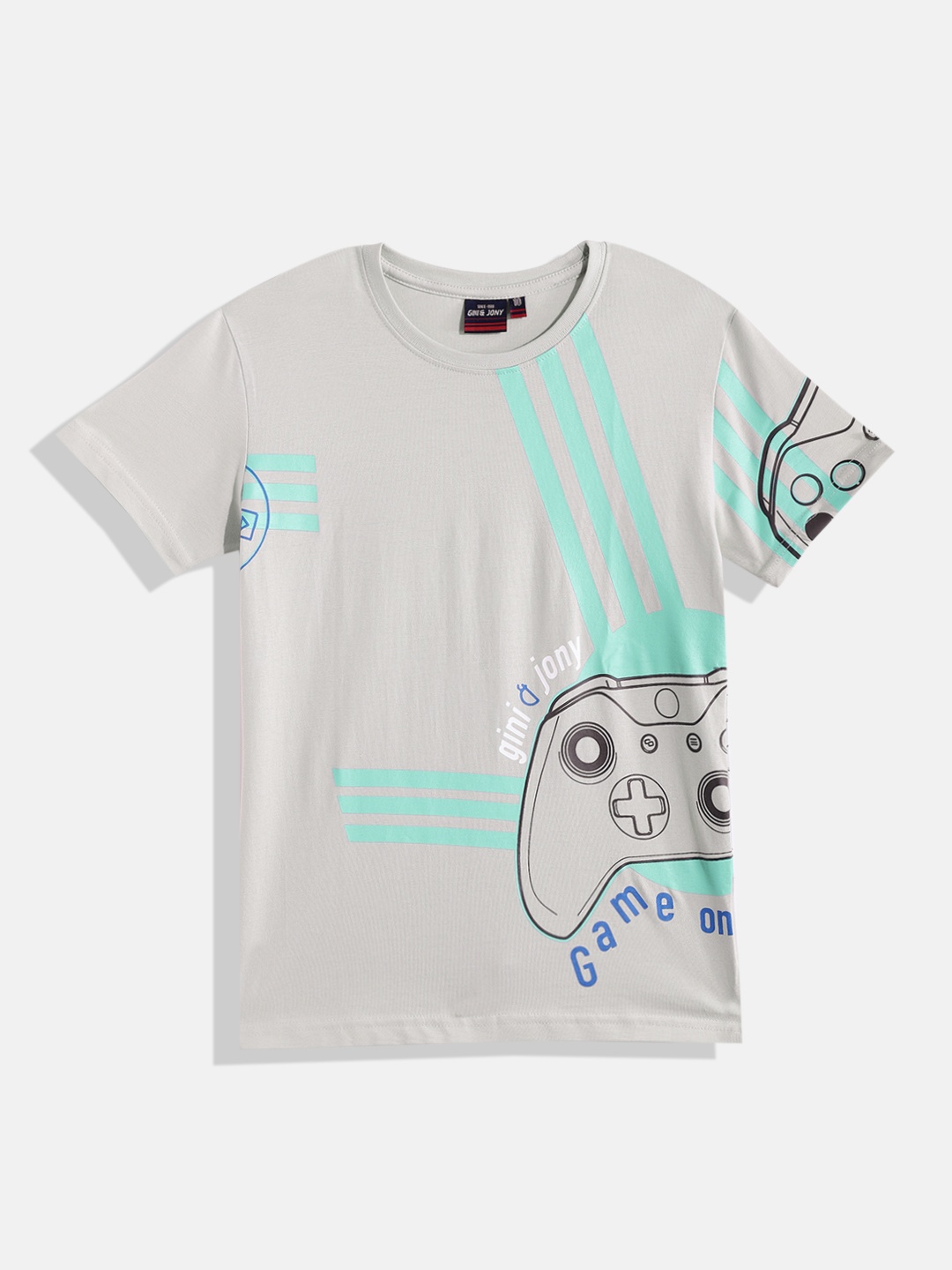 

Gini and Jony Boys Grey & Sea Green Graphic Printed Cotton T-shirt