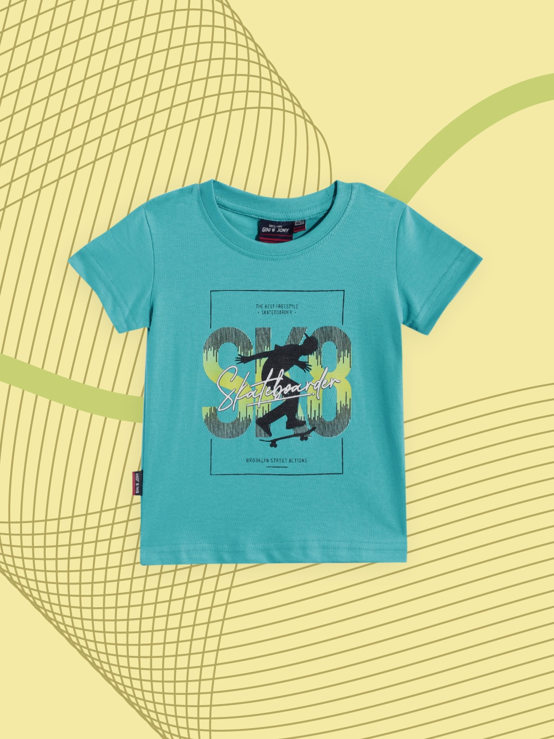 

Gini and Jony Boys Sea Green & Black Graphic Printed Cotton T-shirt