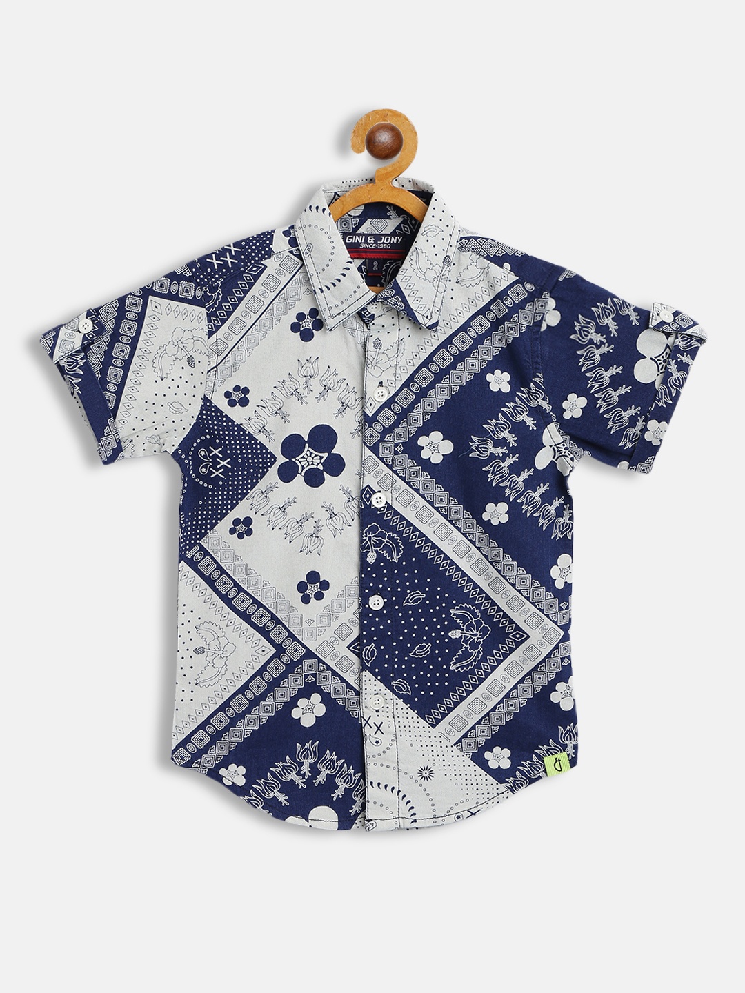 

Gini and Jony Boys Off White & Navy Blue Ethnic Motifs Printed Cotton Casual Shirt