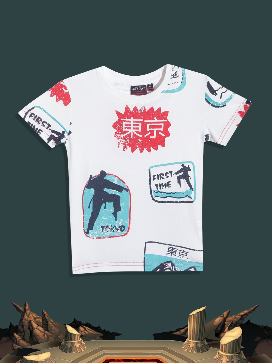 

Gini and Jony Boys White & Blue Printed T-shirt