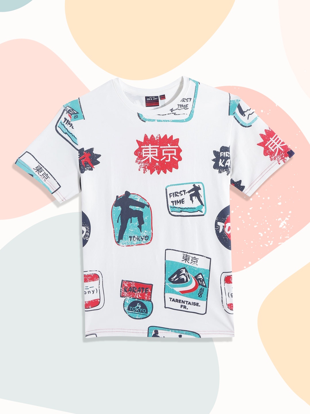 

Gini and Jony Boys White & Blue Printed T-shirt