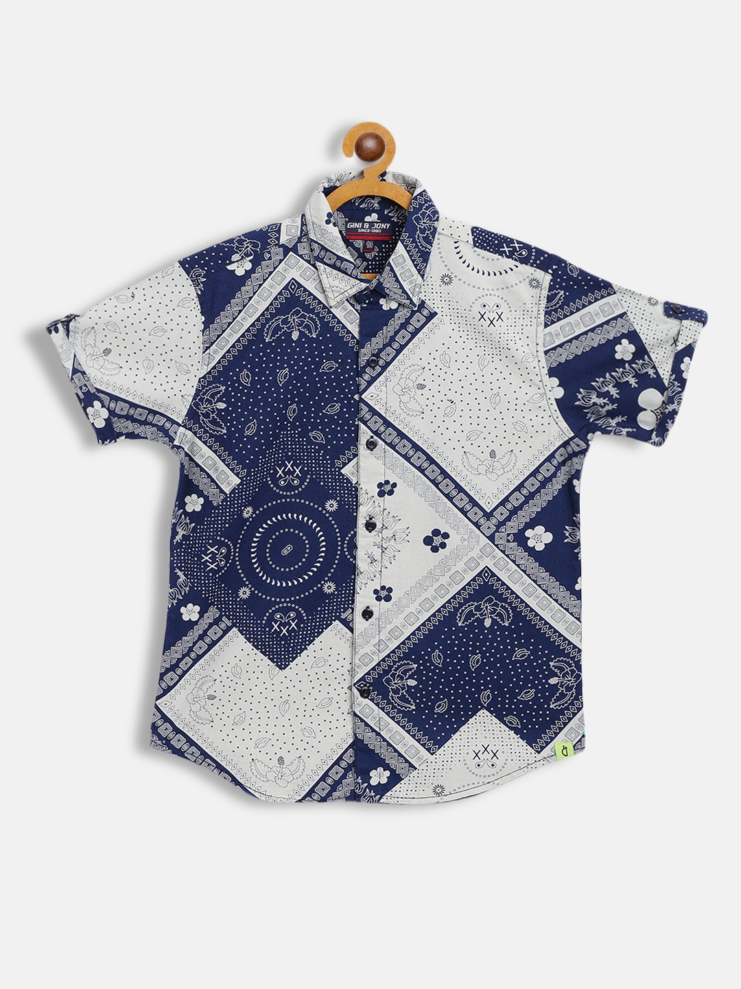 

Gini and Jony Boys Off White & Navy Blue Ethnic Motifs Printed Cotton Casual Shirt