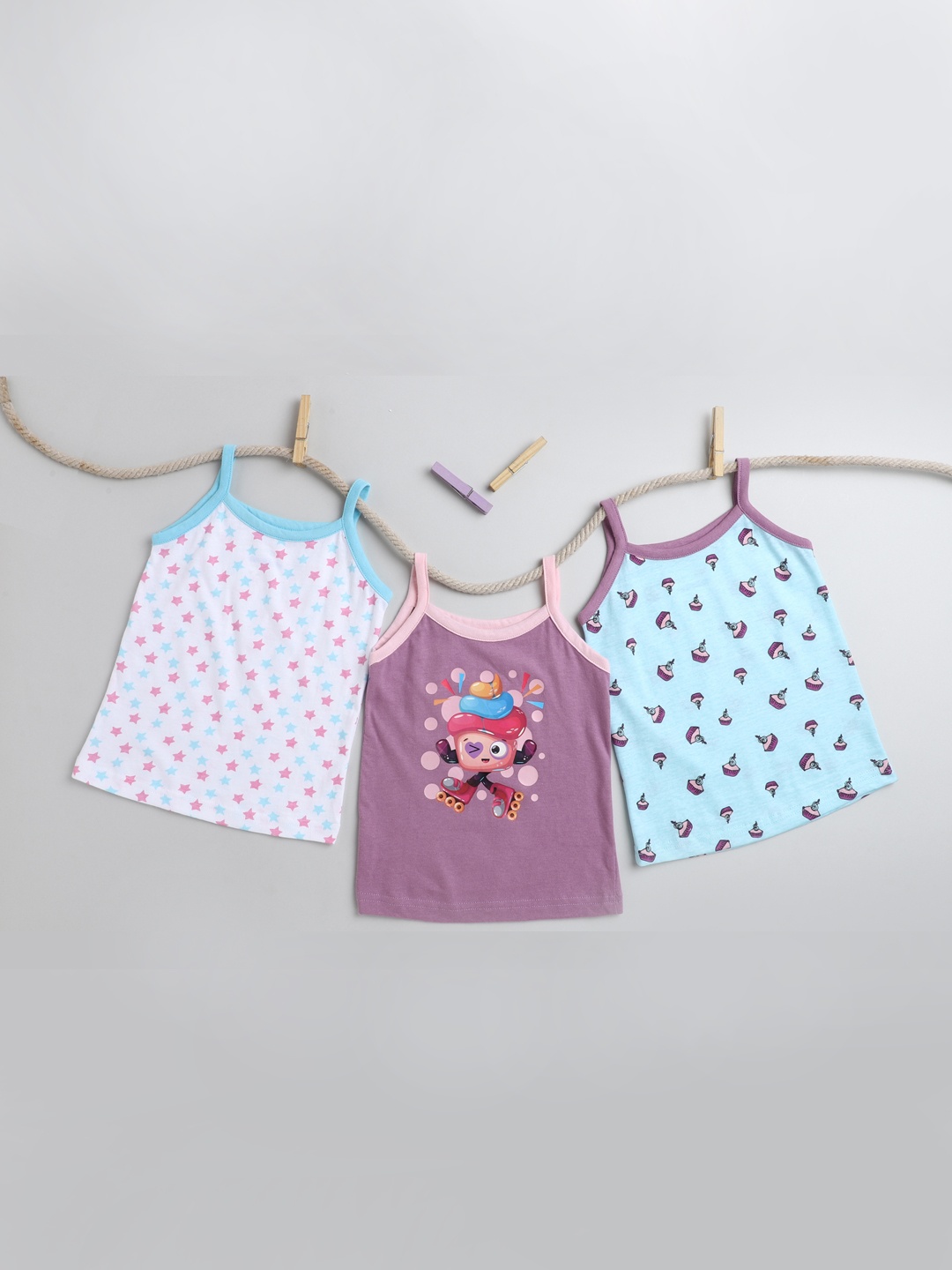 

BUMZEE Girls Lavender & Blue Pack Of 3 Printed Pure Cotton Camisoles