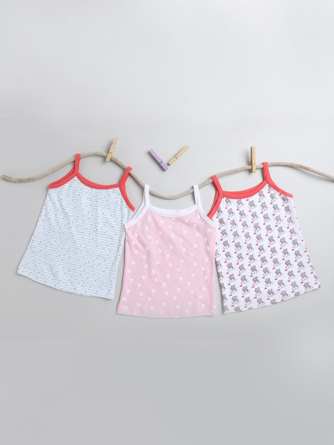

BUMZEE Girls Pack Of 3 Printed Pure Combed Cotton Camisoles, Pink