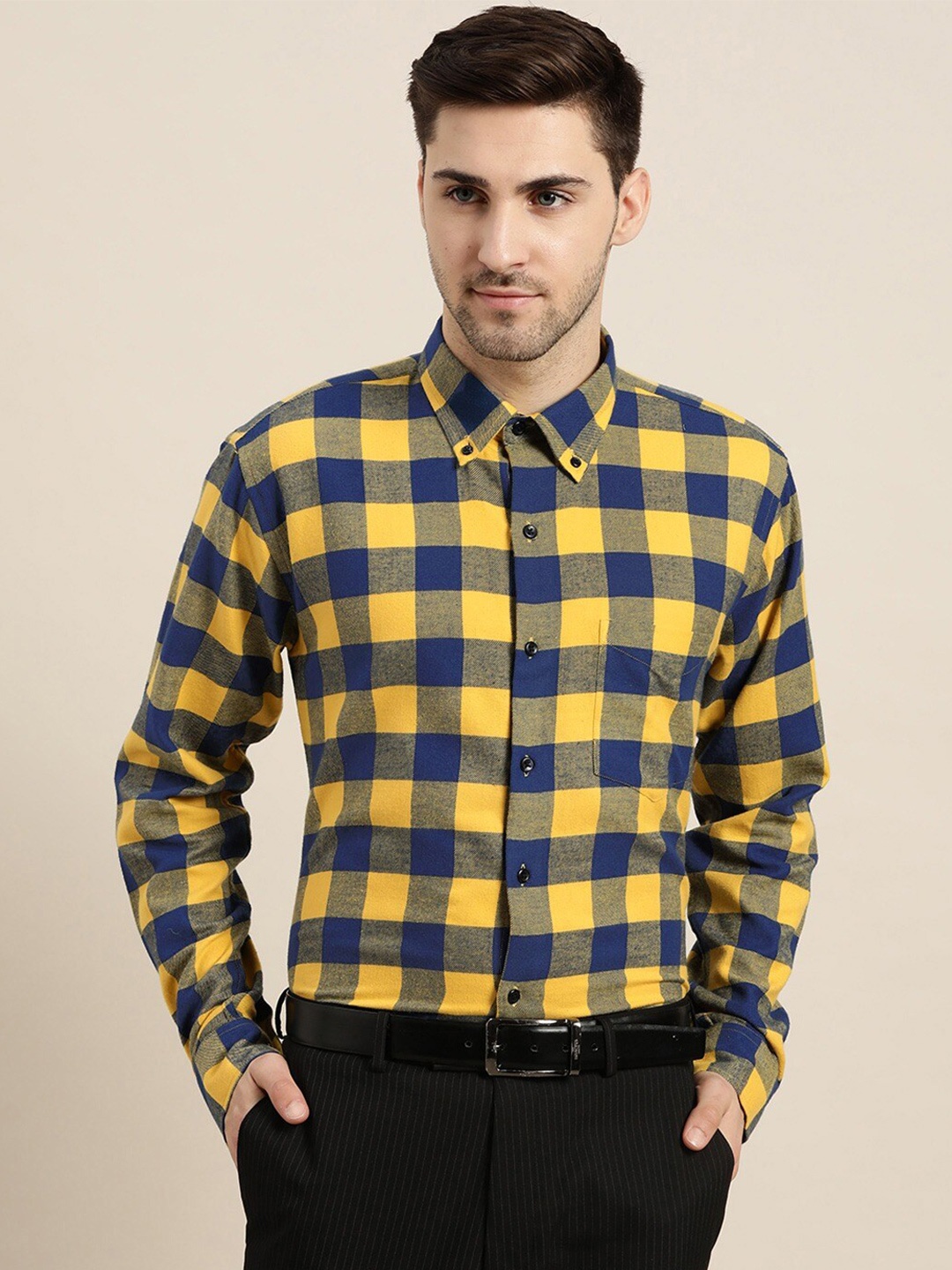 

Hancock Men Yellow Slim Fit Buffalo Checks Checked Formal Shirt
