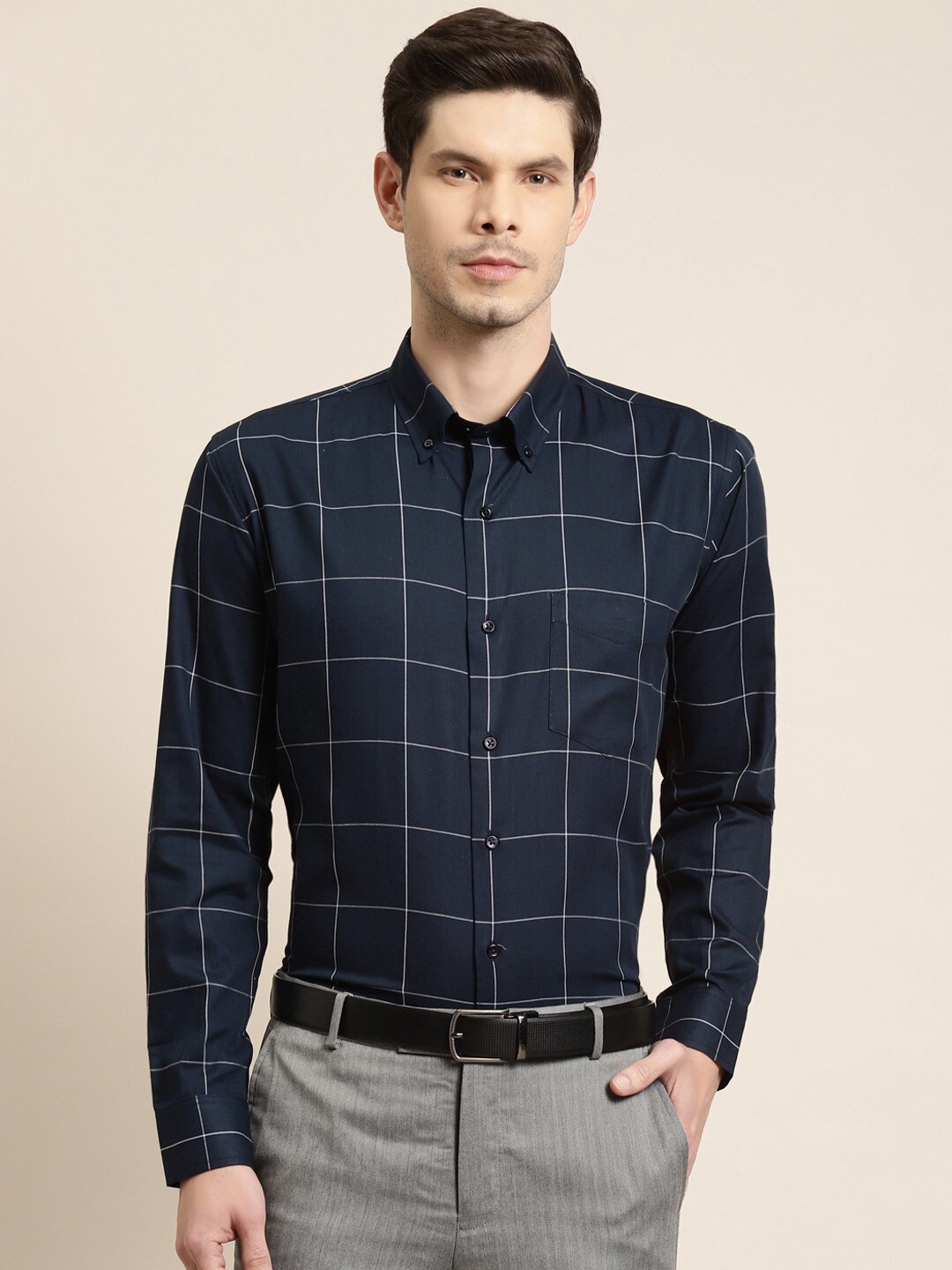 

Hancock Men Navy Blue & White Slim Fit Windowpane Checks Pure Cotton Formal Shirt