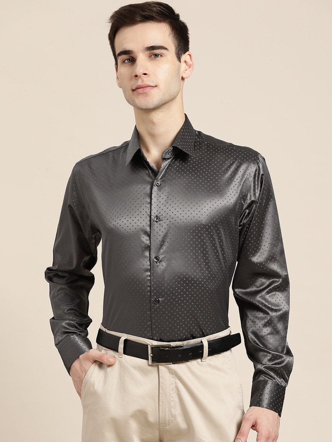 

Hancock Men Grey Slim Fit Satin Printed Formal Shirt