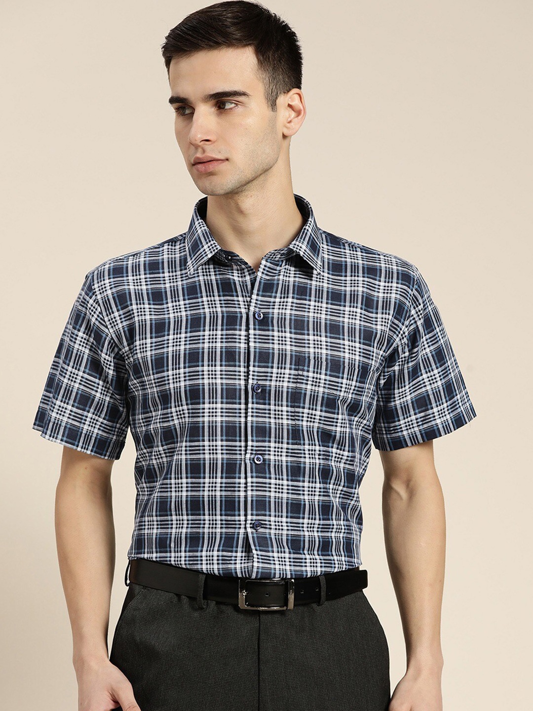 

Hancock Men Navy Blue Slim Fit Checked Formal Shirt