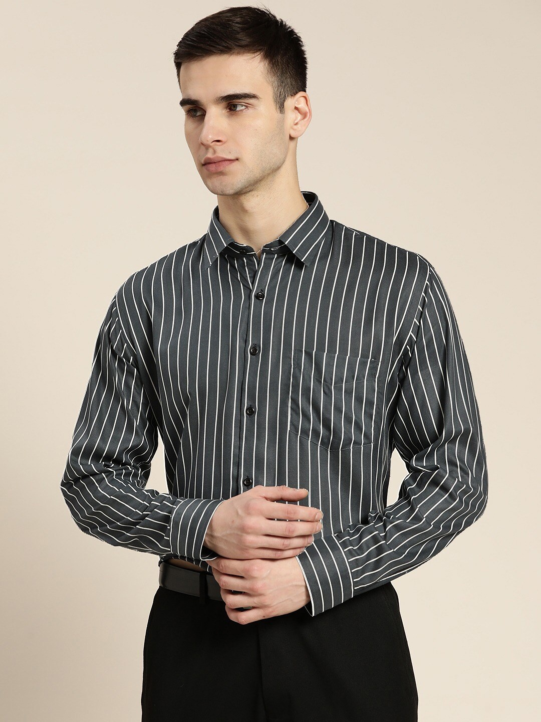 

Hancock Men Charcoal Grey & White Slim Fit Striped Pure Cotton Formal Shirt