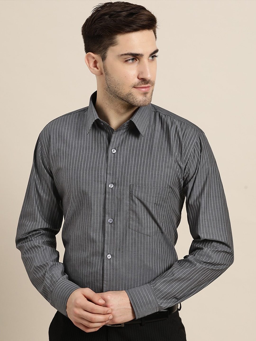 

Hancock Men Grey Slim Fit Micro Checks Striped Formal Shirt