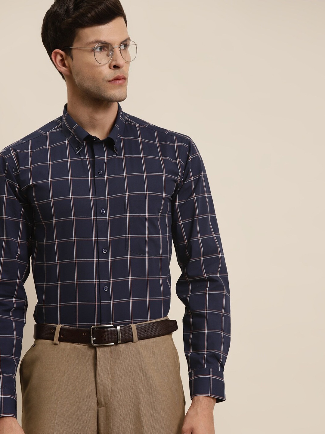

Hancock Men Navy Blue Slim Fit Windowpane Checks Casual Shirt