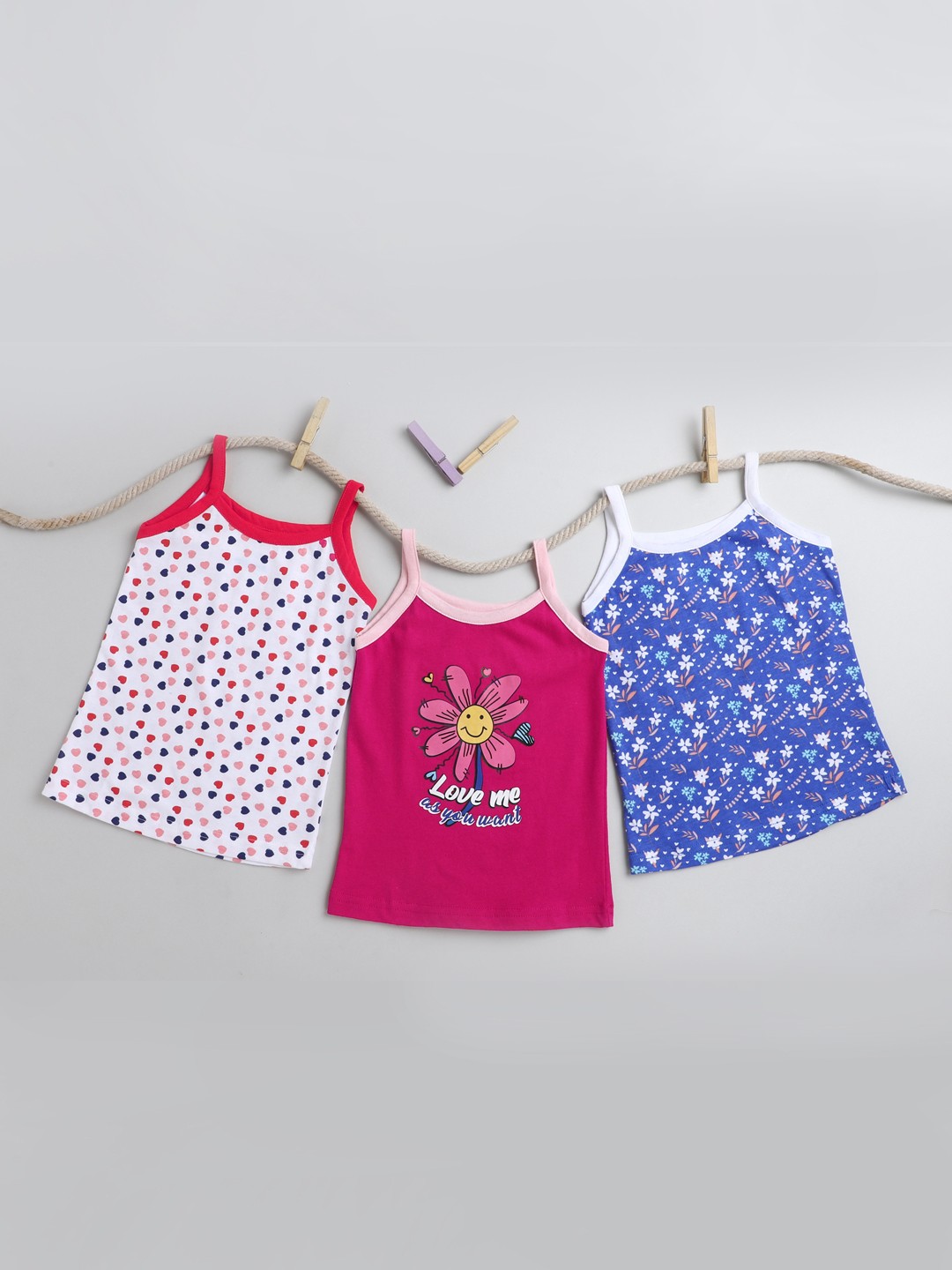 

BUMZEE Girls Pack Of 3 Printed Pure Cotton Camisoles, Pink