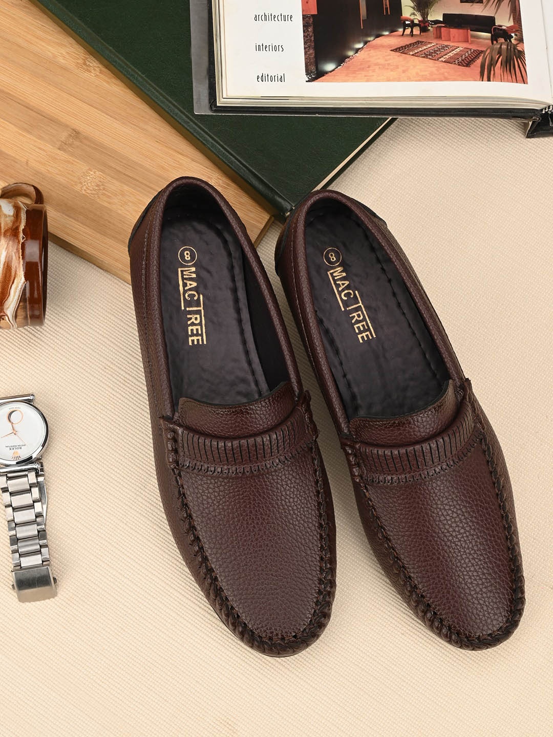 

Mactree Men Brown Textured Penny Loafers