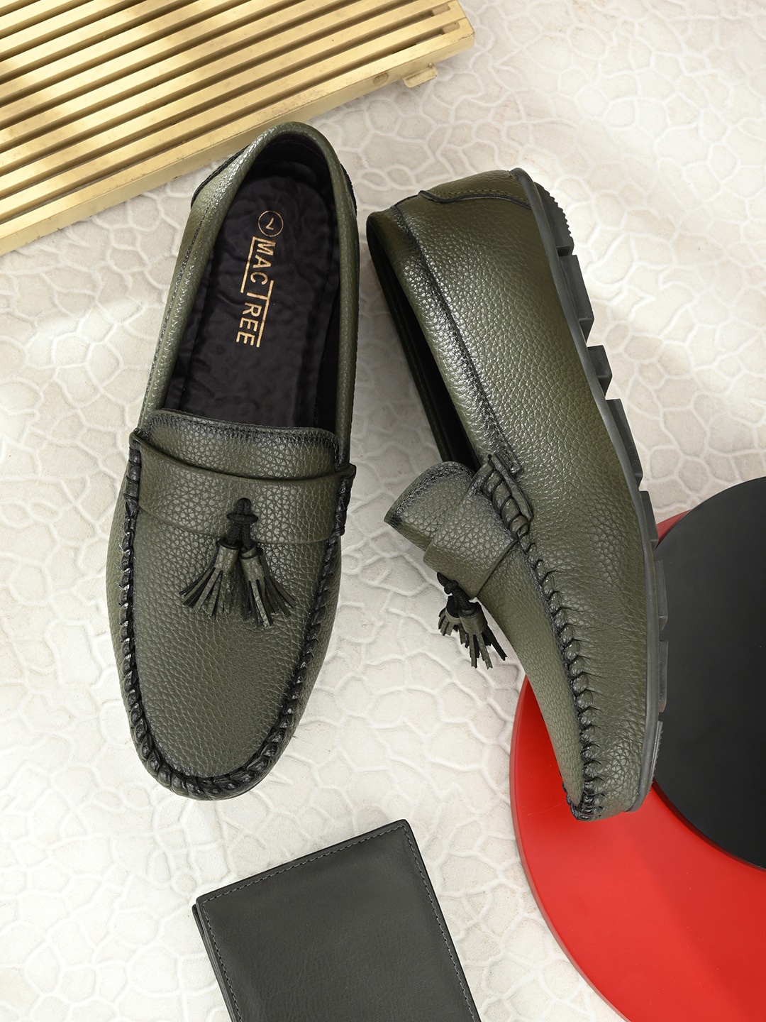 

Mactree Men Olive Green Textured Loafers