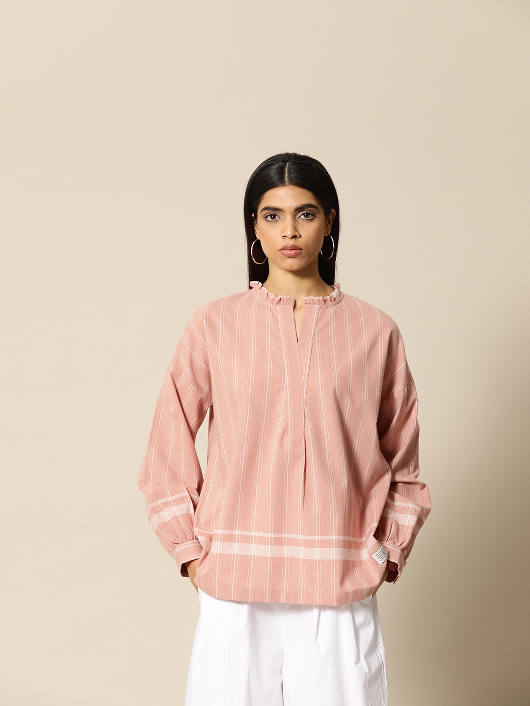 

BOWER Dusty Pink & White Woven Pin Striped Ruffled Collar Top, Rose