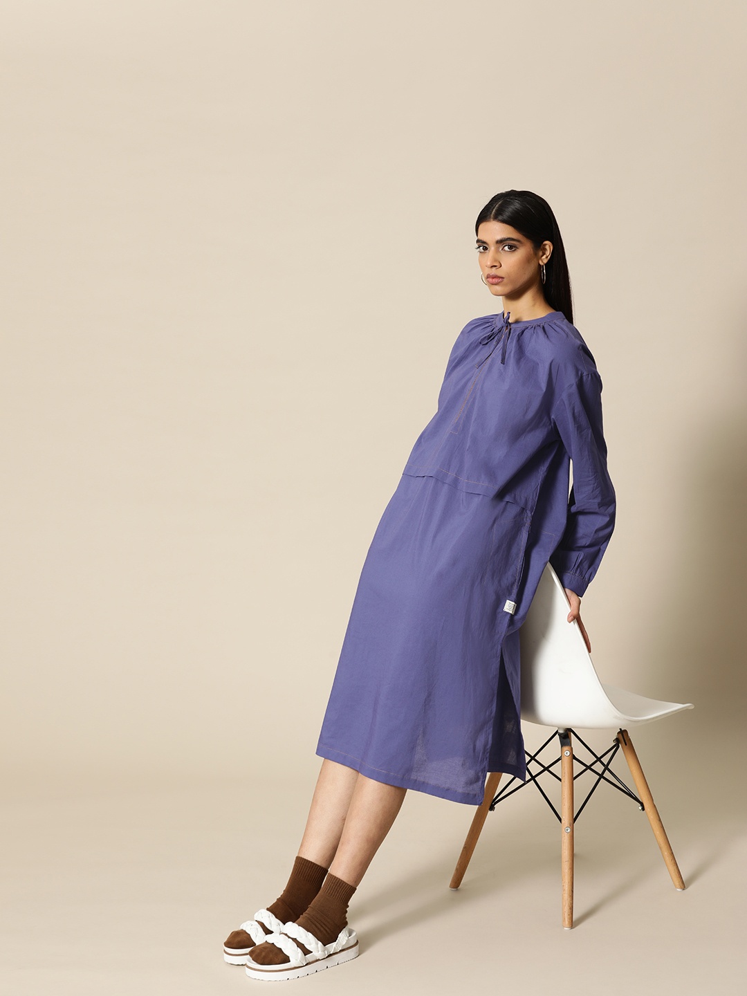 

BOWER Blue Pure Cotton Tie-Up Neck A-Line Midi Dress with Stitch Detail