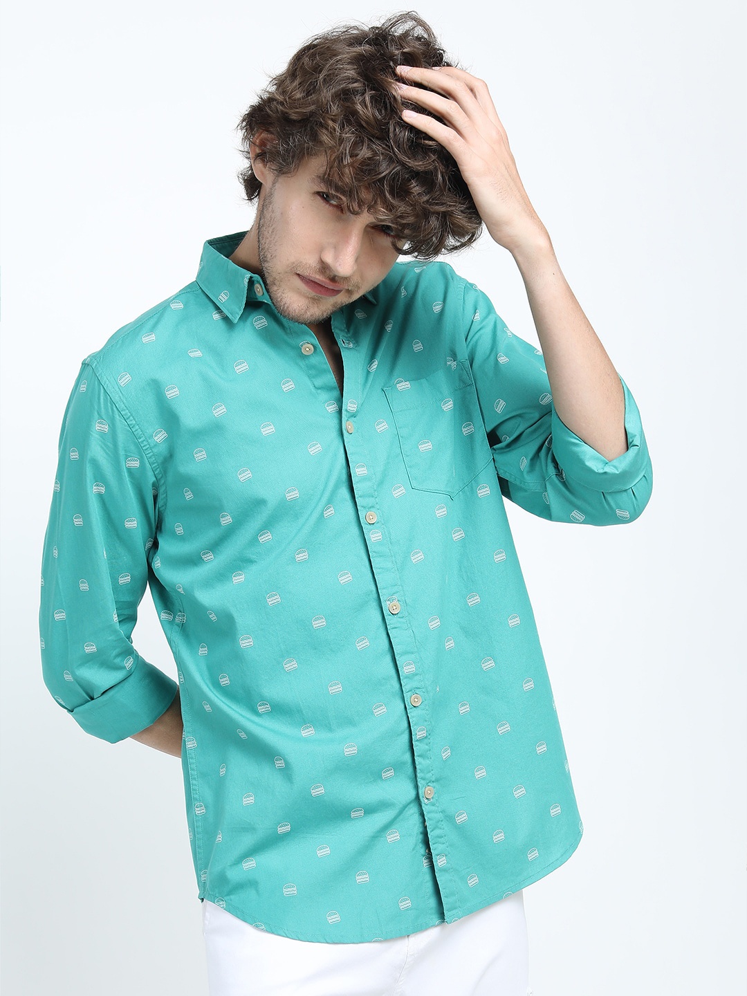 

HIGHLANDER Men Sea Green Slim Fit Printed Cotton Casual Shirt