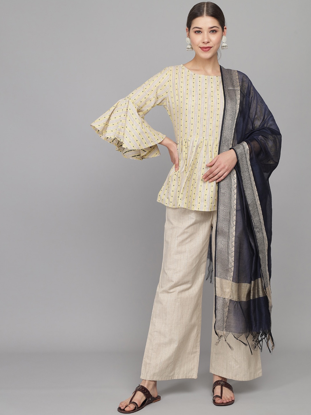 

Prakhya Women Yellow Ethnic Motifs Printed Layered Kurti Set With Dupatta