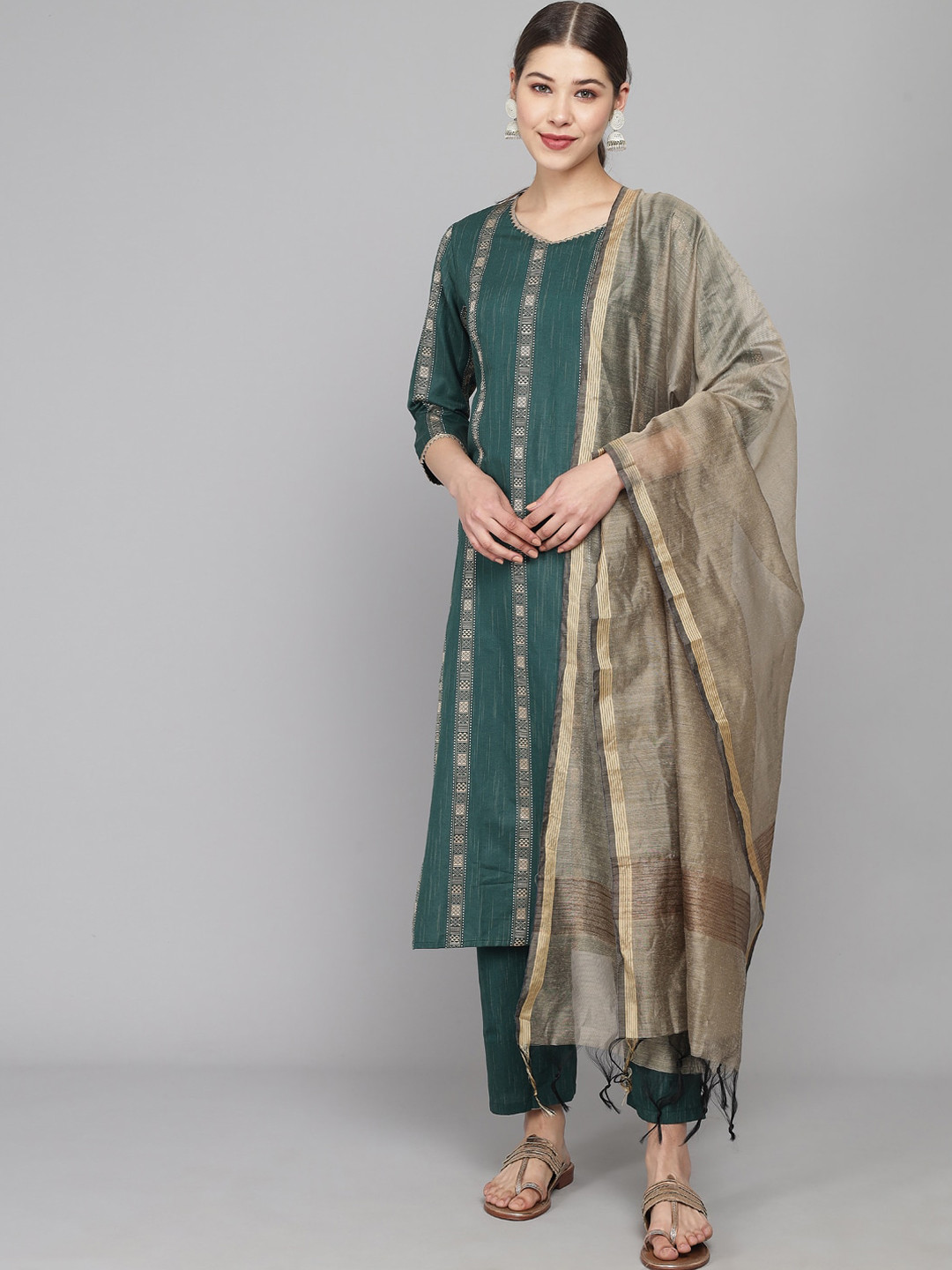 

Prakhya Women Green & Cream Ethnic Motifs Kurta with Trousers & With Dupatta