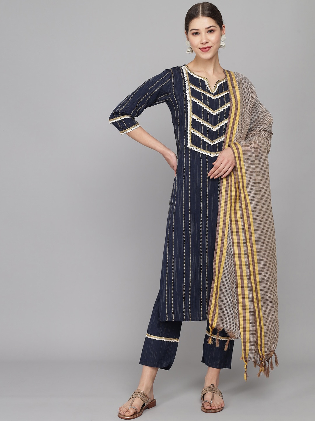 

Prakhya Women Blue Striped Kurta with Trousers & With Dupatta