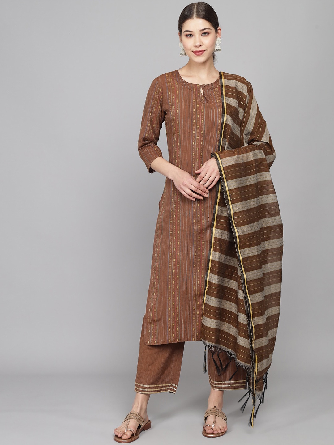 

Prakhya Women Brown Printed Panelled Kurta with Palazzos & With Dupatta
