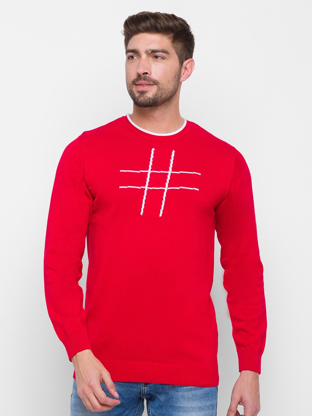 

Globus Men Red & White Printed Cotton Pullover