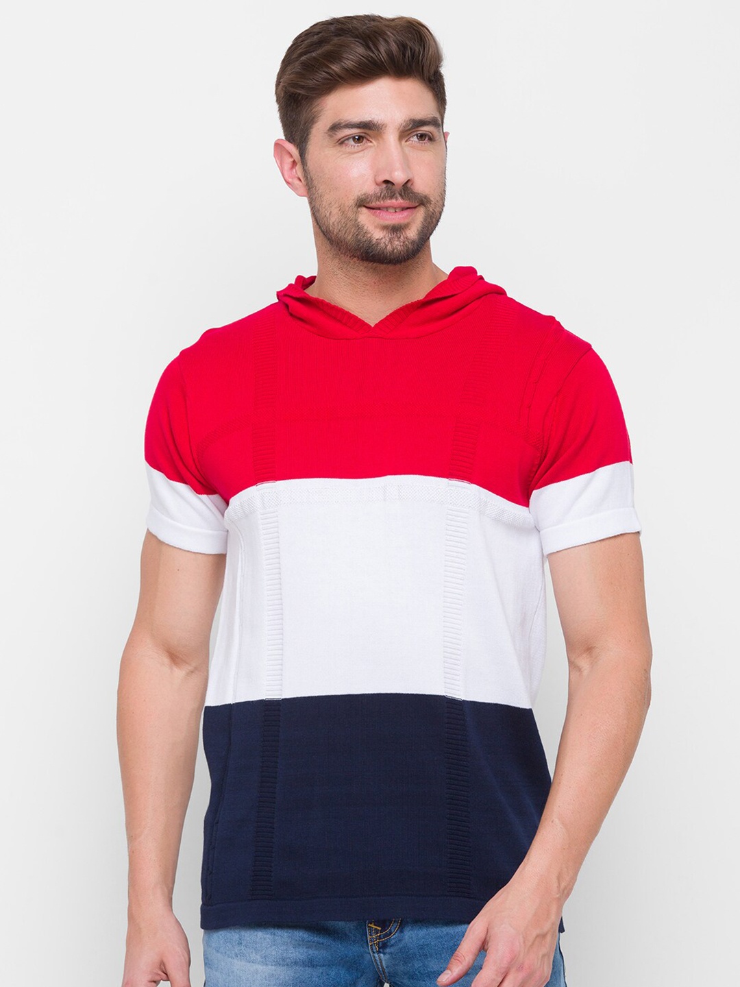 

Globus Men Red & Navy Blue Colourblocked Pure Cotton Hooded Pullover