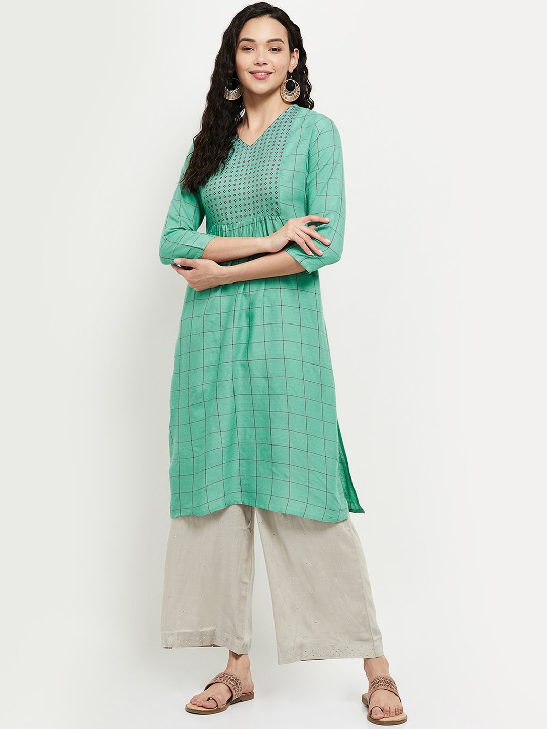 

max Women Sea Green Checked Kurta