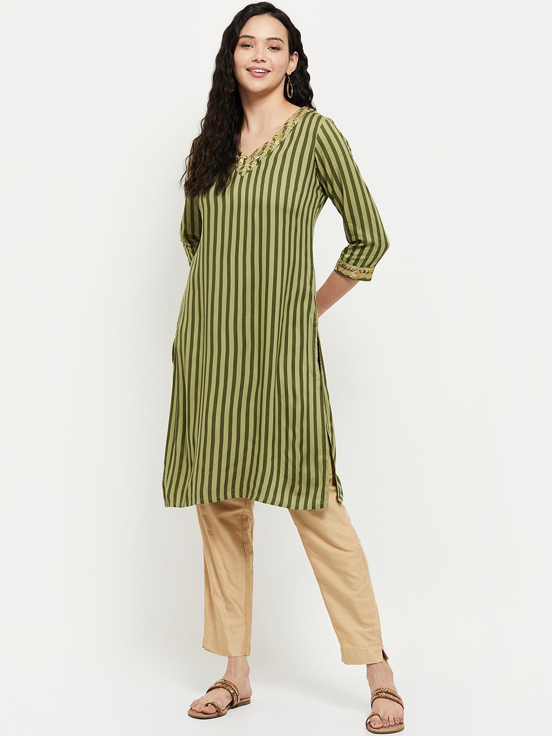 

max Women Green Striped Flared Sleeves Thread Work Kurta