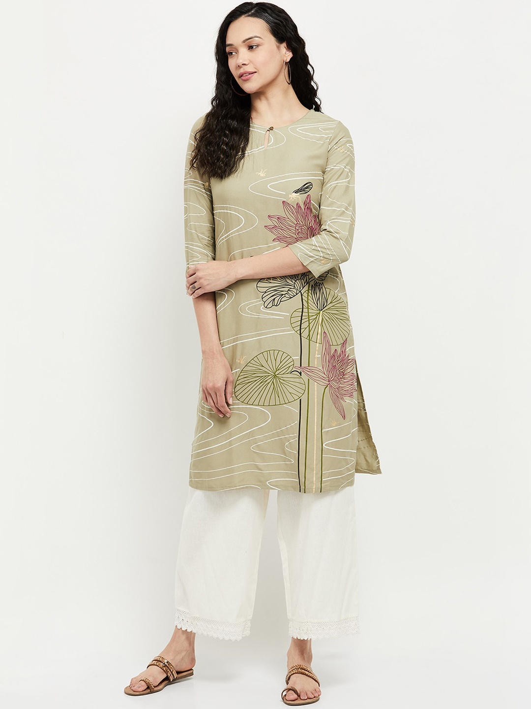 

max Women Beige Printed Keyhole Neck Kurta
