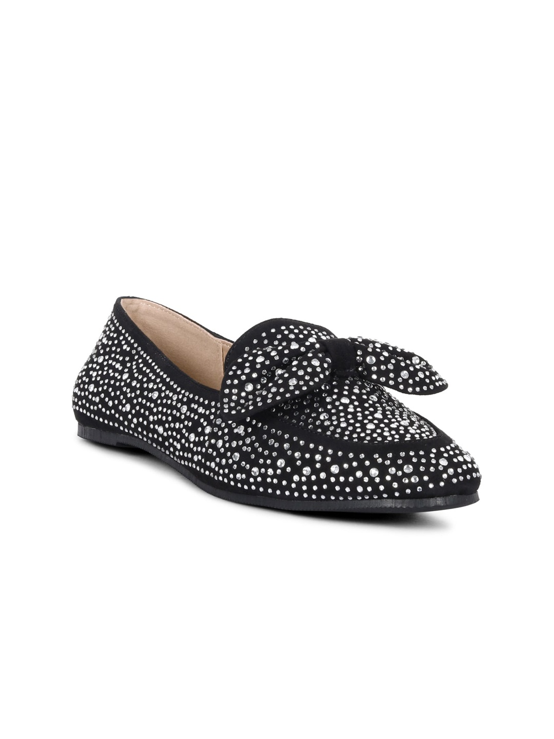 

London Rag Women Black Embellished Suede Loafers With Bow