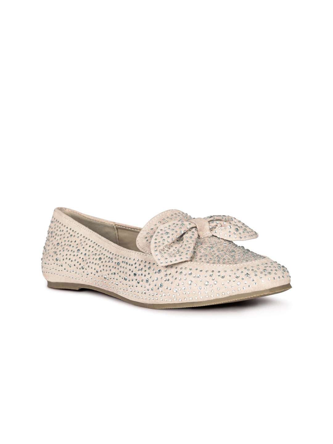 

London Rag Women Beige Embellished Suede Loafers With Bow