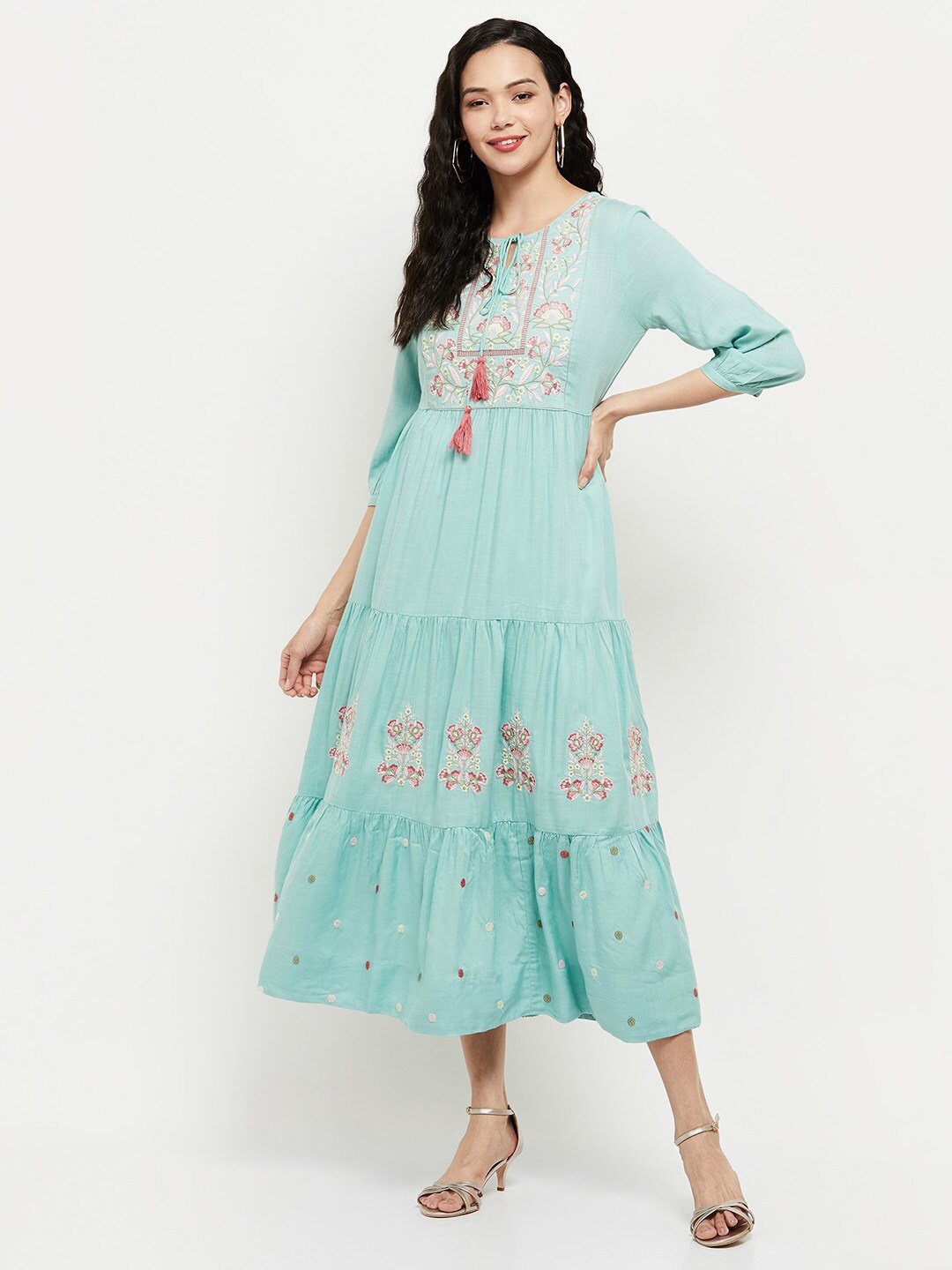 

max Turquoise Blue & Pink Floral Embroidered Tie-Up Neck Midi Fit & Flared Dress