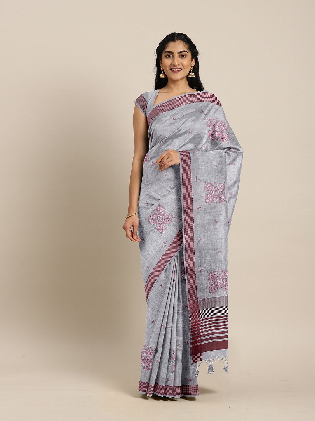 

The Chennai Silks Grey & Maroon Ethnic Motifs Embroidered Jute Cotton Saree