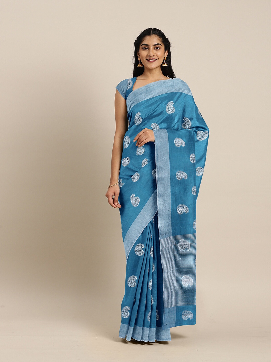 

The Chennai Silks Blue & Silver-Toned Paisley Zari Jute Cotton Saree