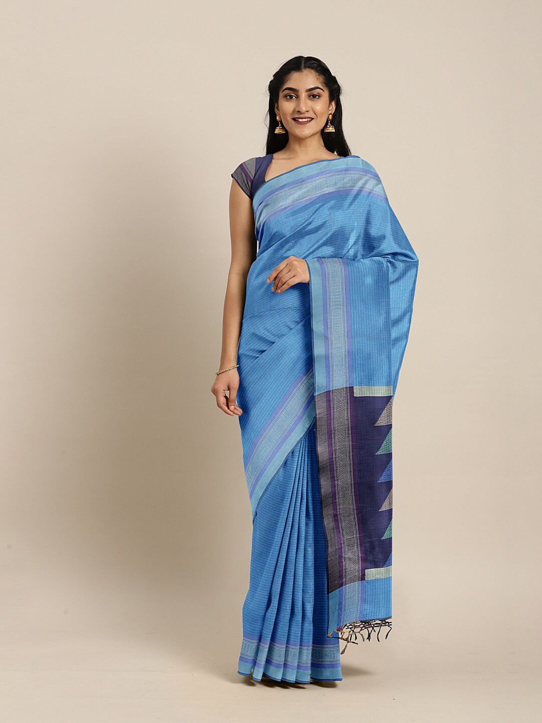 

The Chennai Silks Blue & Silver-Toned Pure Cotton Chanderi Saree