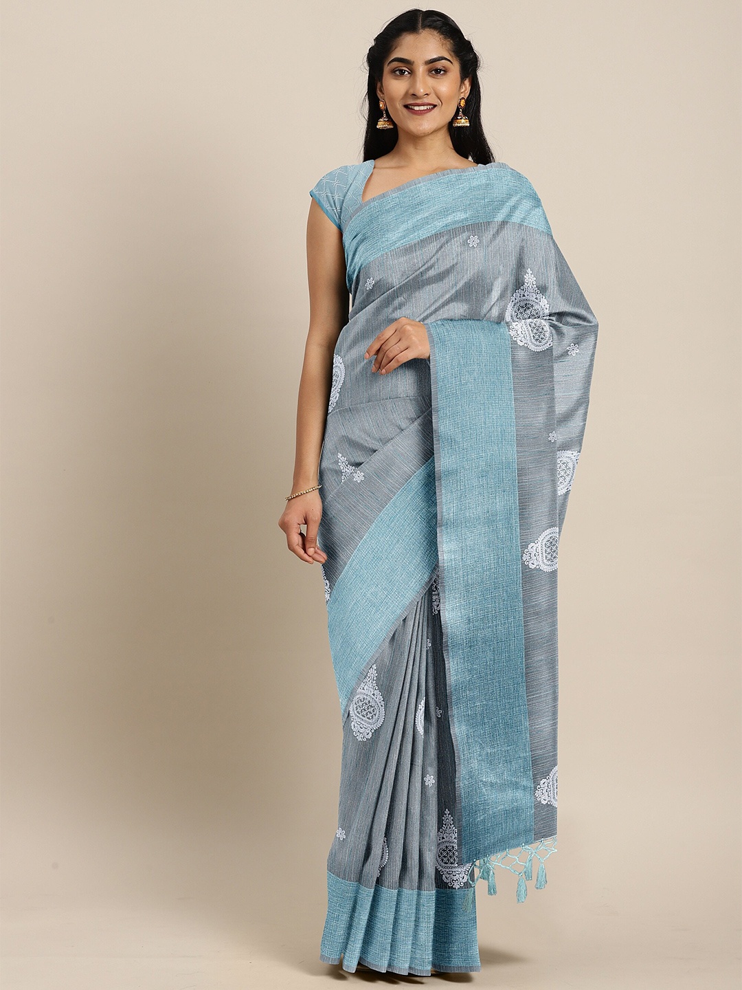 

The Chennai Silks Blue Ethnic Motifs Embroidered Saree