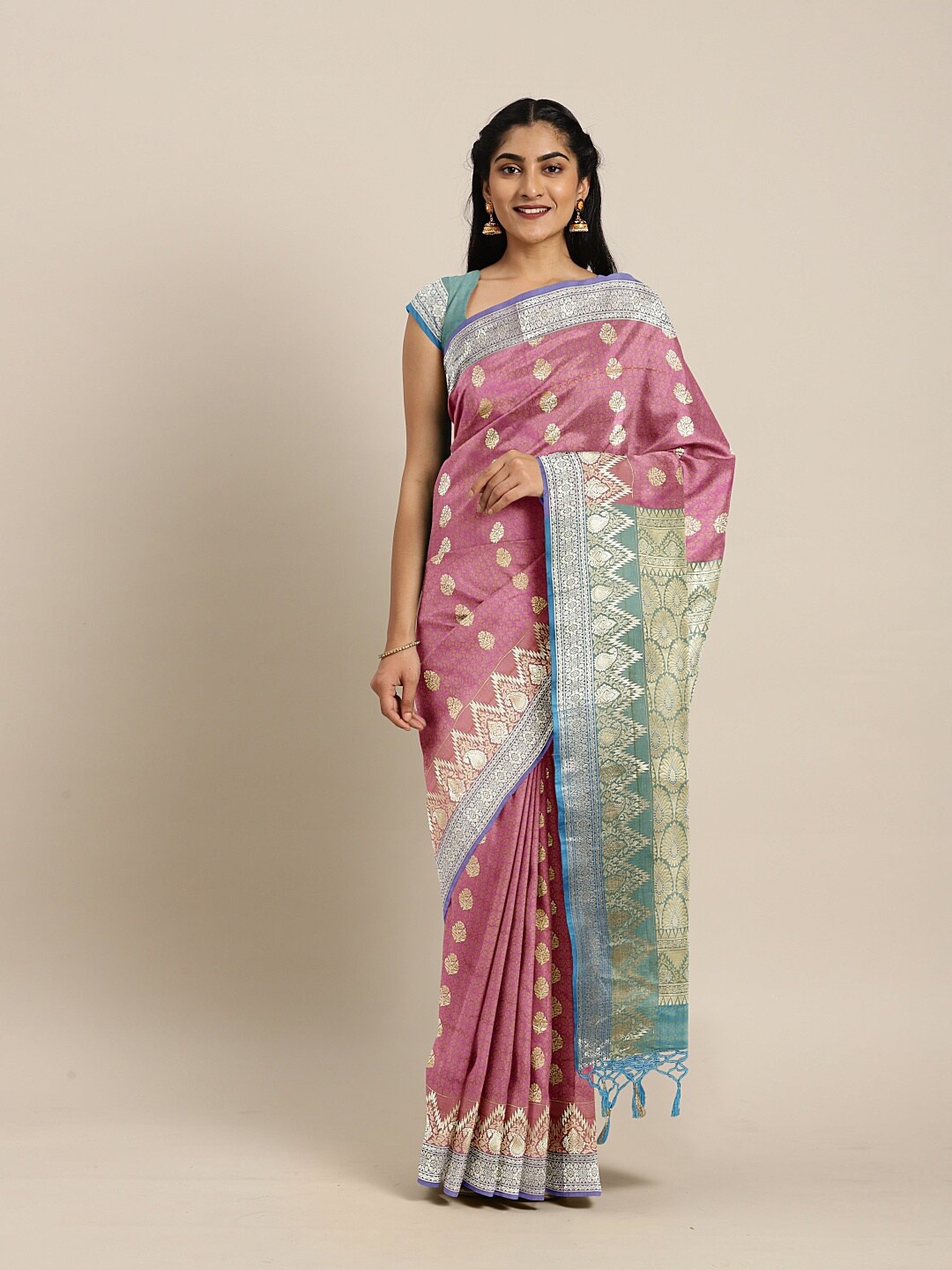 

The Chennai Silks Magenta & Sea Green Ethnic Motifs Zari Art Silk Saree