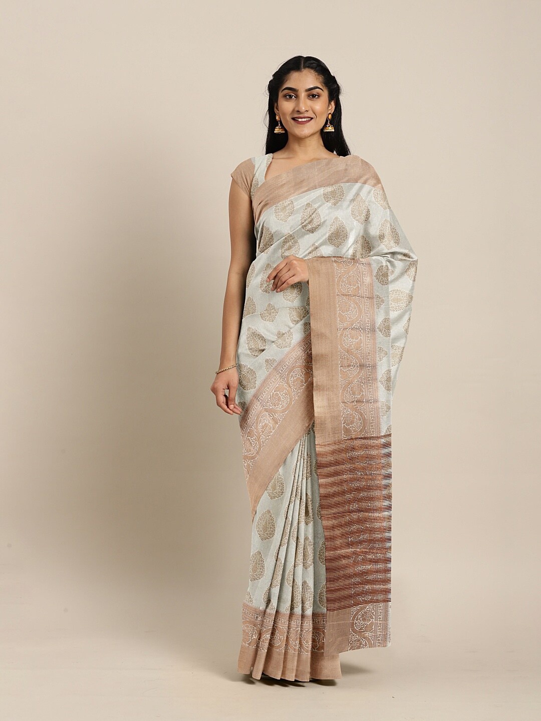 

The Chennai Silks Cream-Coloured & Tan Floral Jute Cotton Saree