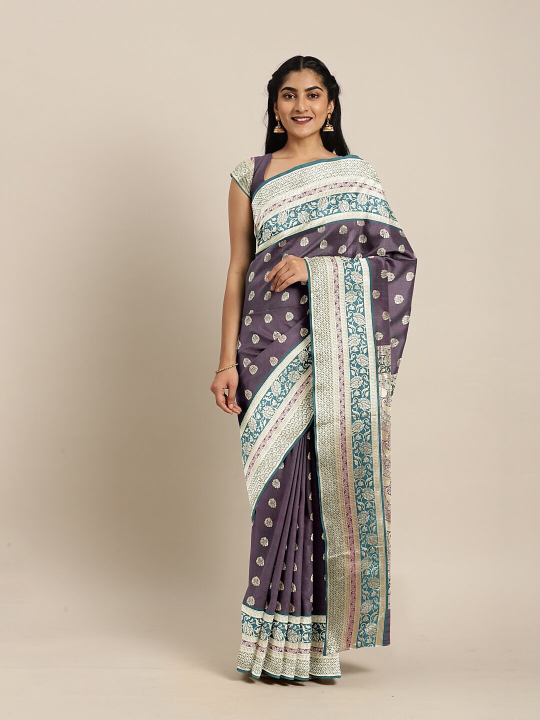 

The Chennai Silks Purple & Silver-Toned Ethnic Motifs Zari Art Silk Saree