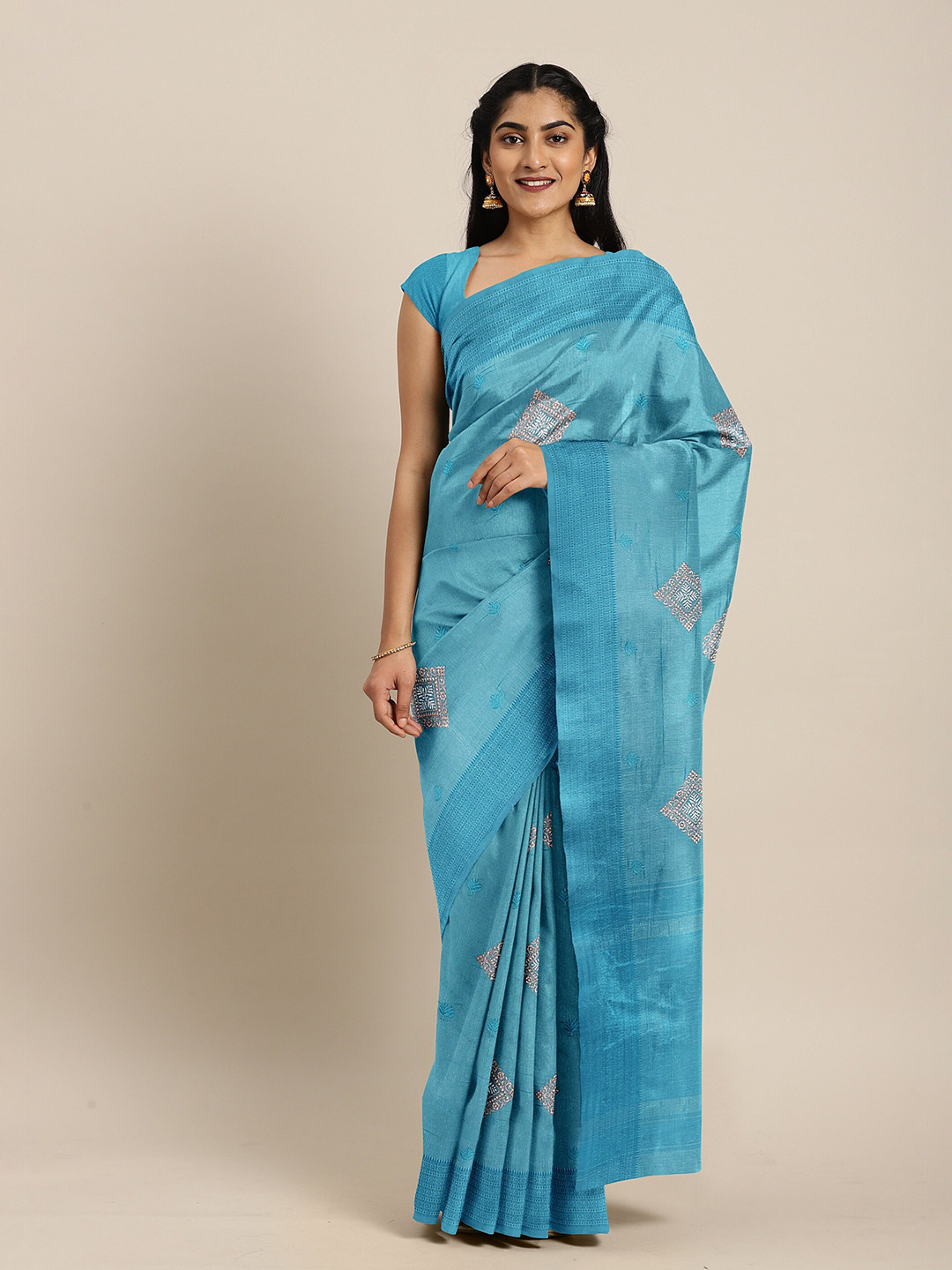 

The Chennai Silks Blue & Gold-Toned Ethnic Motifs Embroidered Jute Cotton Saree