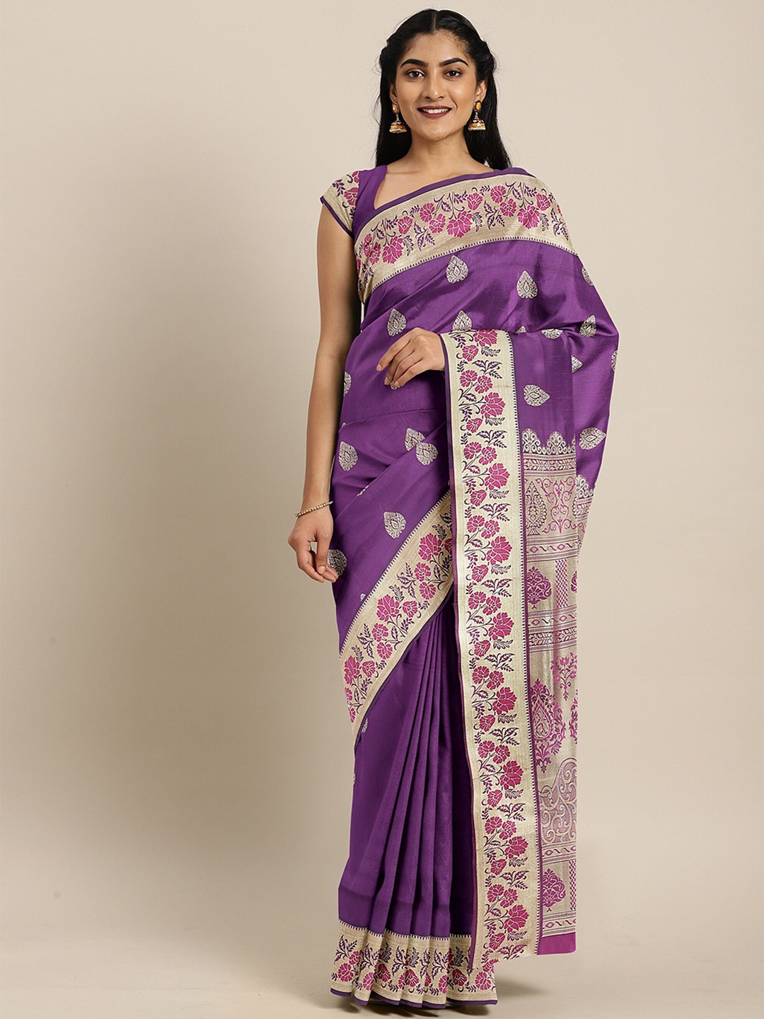 

The Chennai Silks Violet & Gold-Toned Ethnic Motifs Zari Art Silk Fusion Saree
