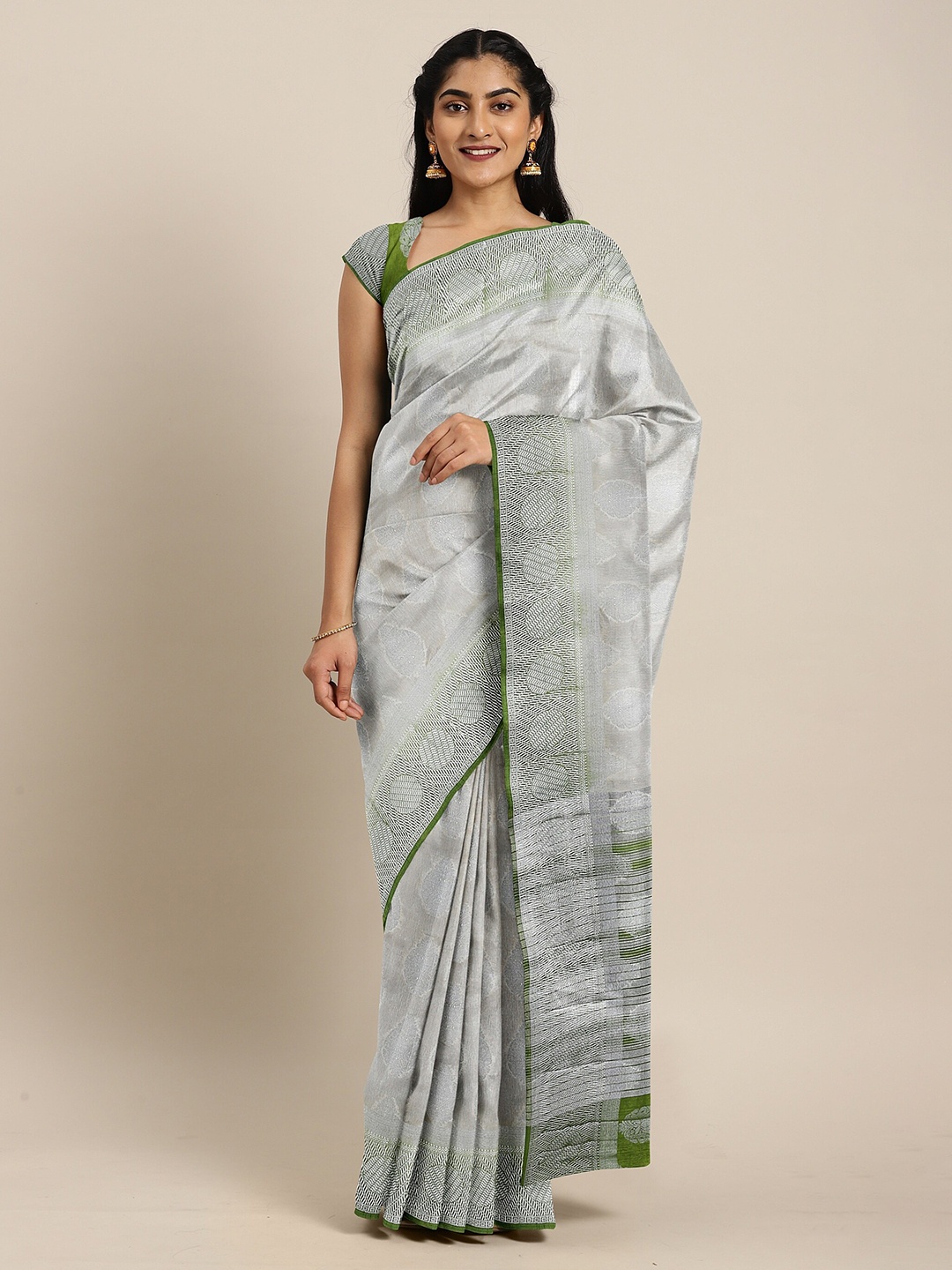 

The Chennai Silks Grey & Green Ethnic Motifs Jute Cotton Saree