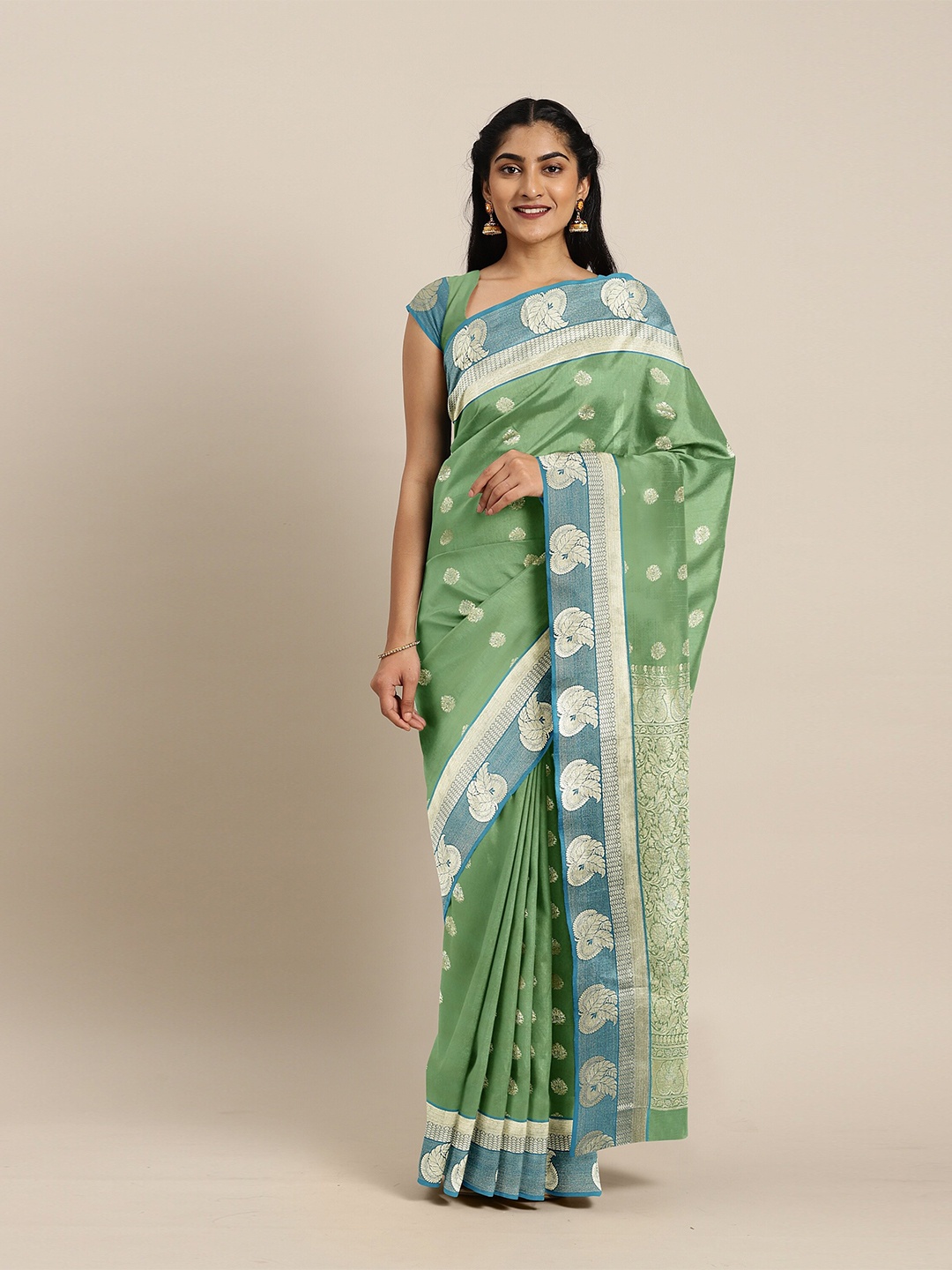 

The Chennai Silks Fluorescent Green & Silver-Toned Ethnic Motifs Art Silk Fusion Saree