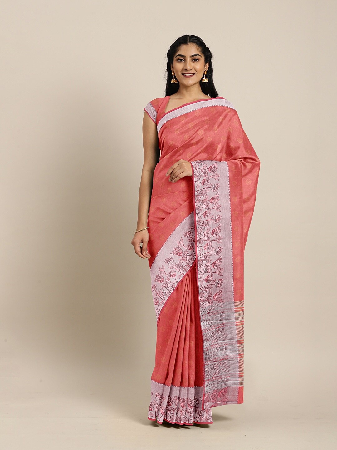 

The Chennai Silks Orange & Silver-Toned Floral Zari Jute Cotton Saree