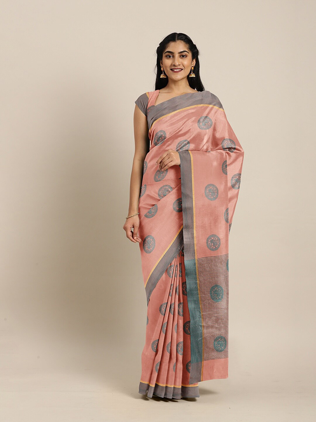 

The Chennai Silks Orange & Sea Green Ethnic Motifs Jute Cotton Fusion Saree