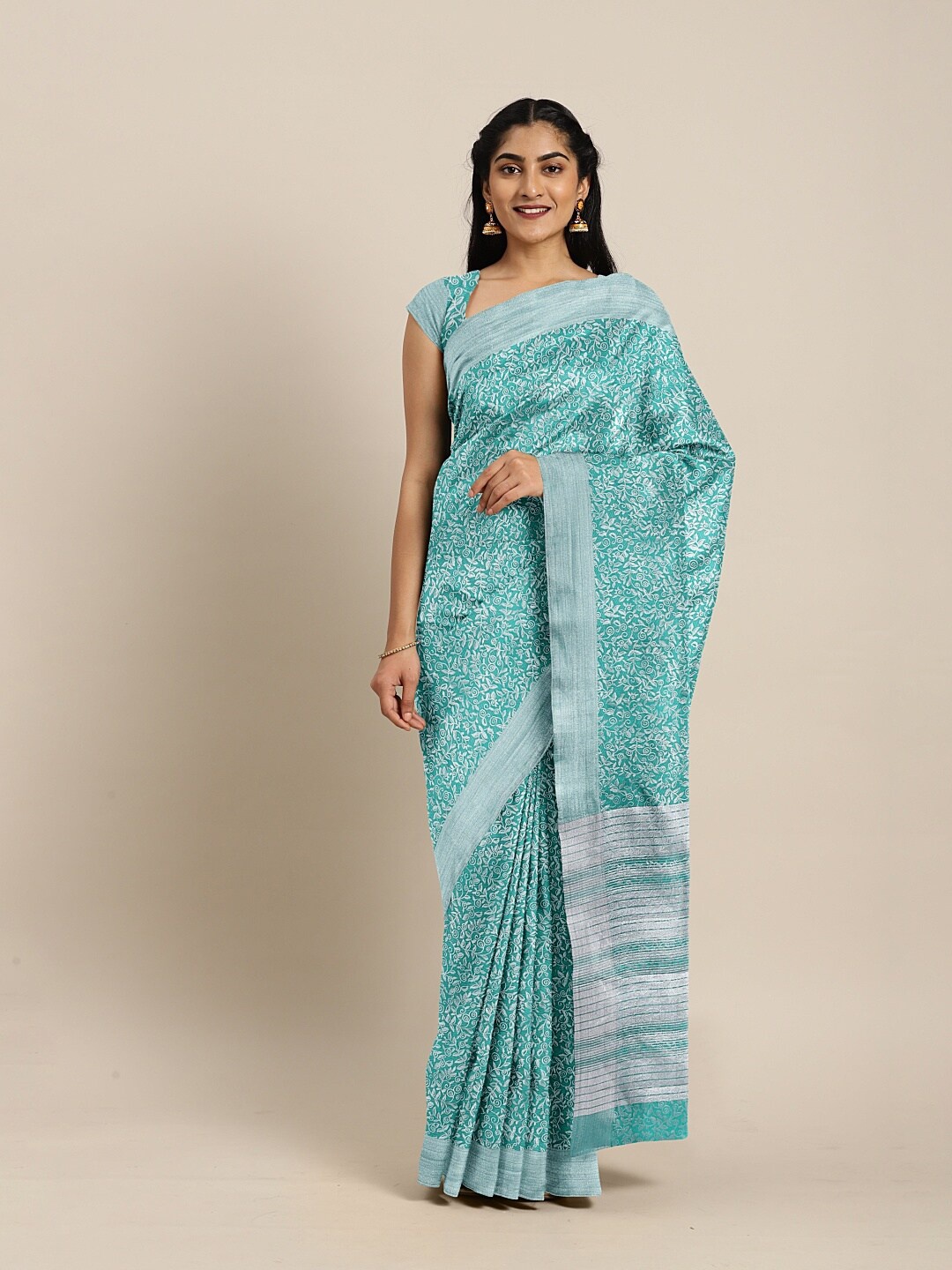 

The Chennai Silks Green & White Ethnic Motifs Jute Cotton Saree